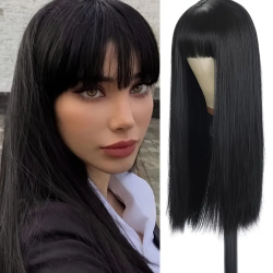Elegant 28" Long Straight Hair Wig with Black Bangs