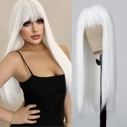 Elegant 28" Long Straight White Wig with Bangs - High-Density, Heat-Resistant Synthetic Hair for Women