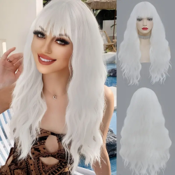 28 "Granny Grey Bangs Deep Wave Wig, Elegant Hairstyle