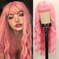 Elegant 28" Pink Deep Wave Wig with Bangs - Versatile & Timeless Style for All Skin Tones, Perfect for Daily Wear & Holiday Part