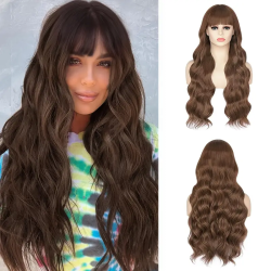 Elegant 28" Brown Deep Wave Wig with Bangs - Versatile & Timeless Style for All Skin Tones, Perfect for Casual Attire & Holiday