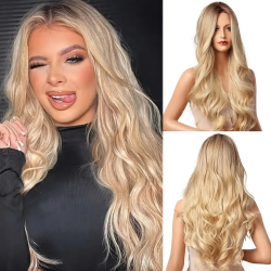 Luxurious 28" Golden Blonde Body Wave Synthetic Wig for Women - Elegant, Classic Style, Suitable for All Skin Tones