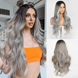 [Granny Gray Synthetic Wig] 28-Inch Granny Gray Body Wave Synthetic Wig - Versatile and Elegant for Daily Wear & Holiday Parties