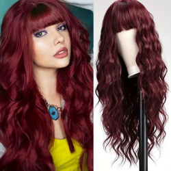 Glamorous 28" Burgundy Deep Wave Wig with Bangs - Elegant, Voluminous & Cute, High-Density Fashion Wig for Women, Ideal for Holi